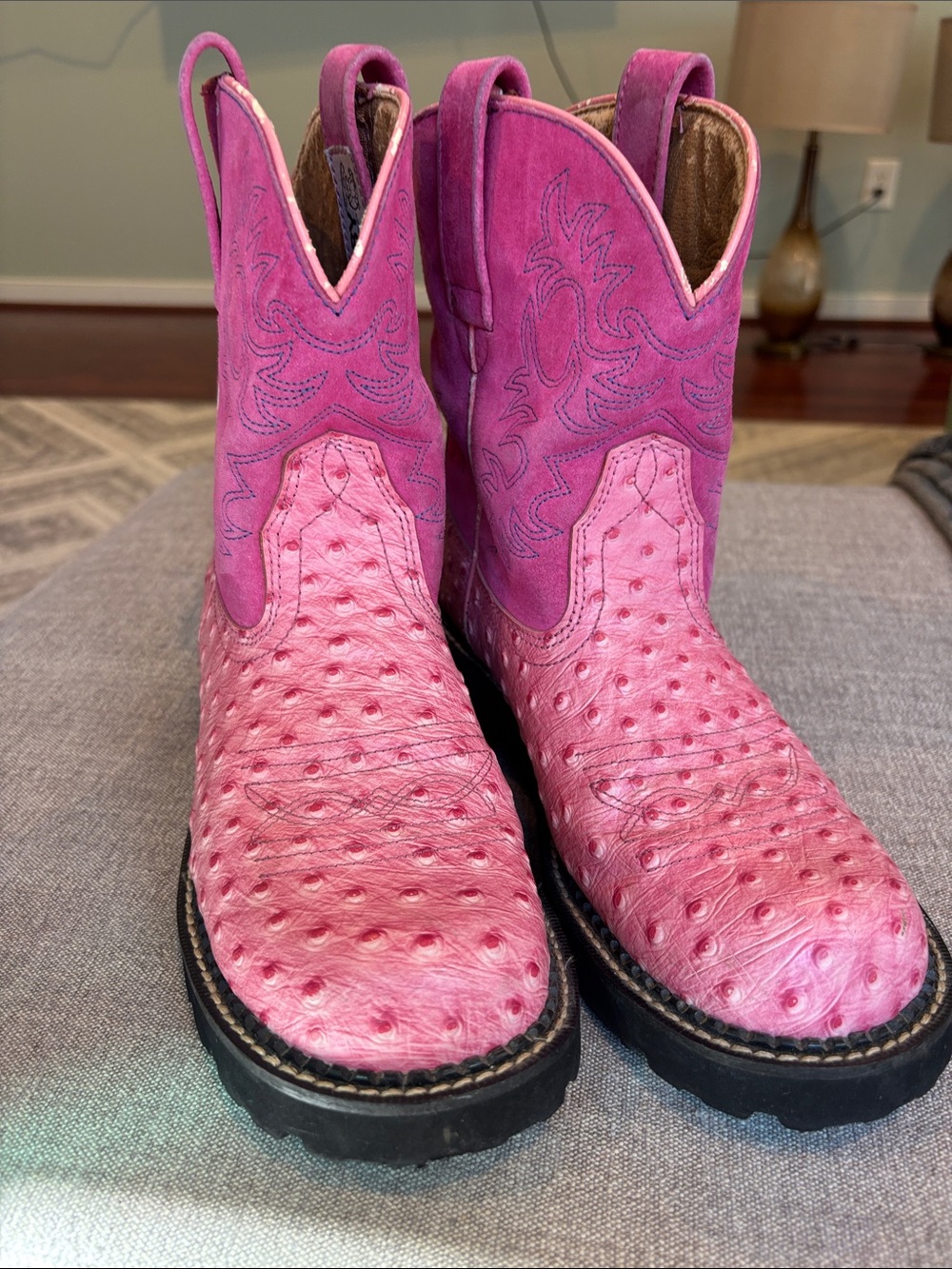 Ariat Womens Size 9 B Pink Leather Ostrich Print Cowboy Western Boots as is